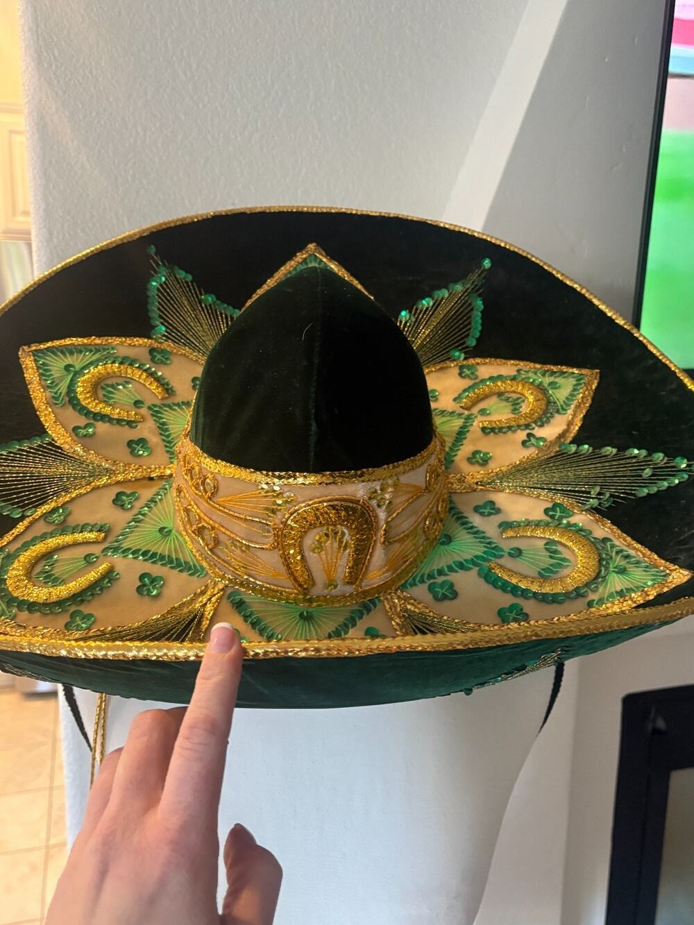 Pigalle Salazar Green Velvet Gold Sombrero Made In Mexico